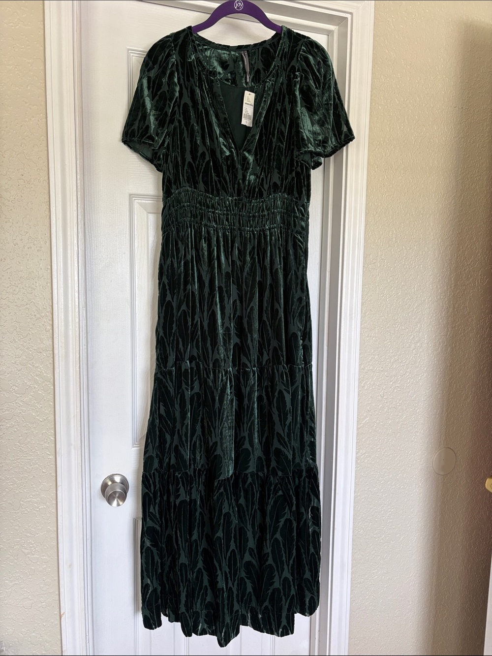 Anthropologie Dark Green Velvet Feather Maxi Dress, NWT - Picture 1 of 8